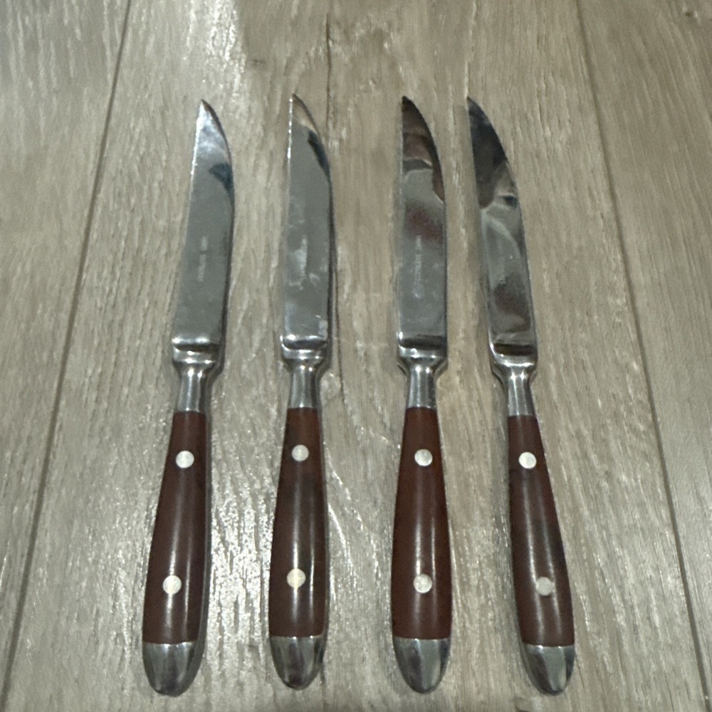Chefs Dinner Steak‎ Knives Stainless Steel Bistro Woodgrain Brown Set of 4